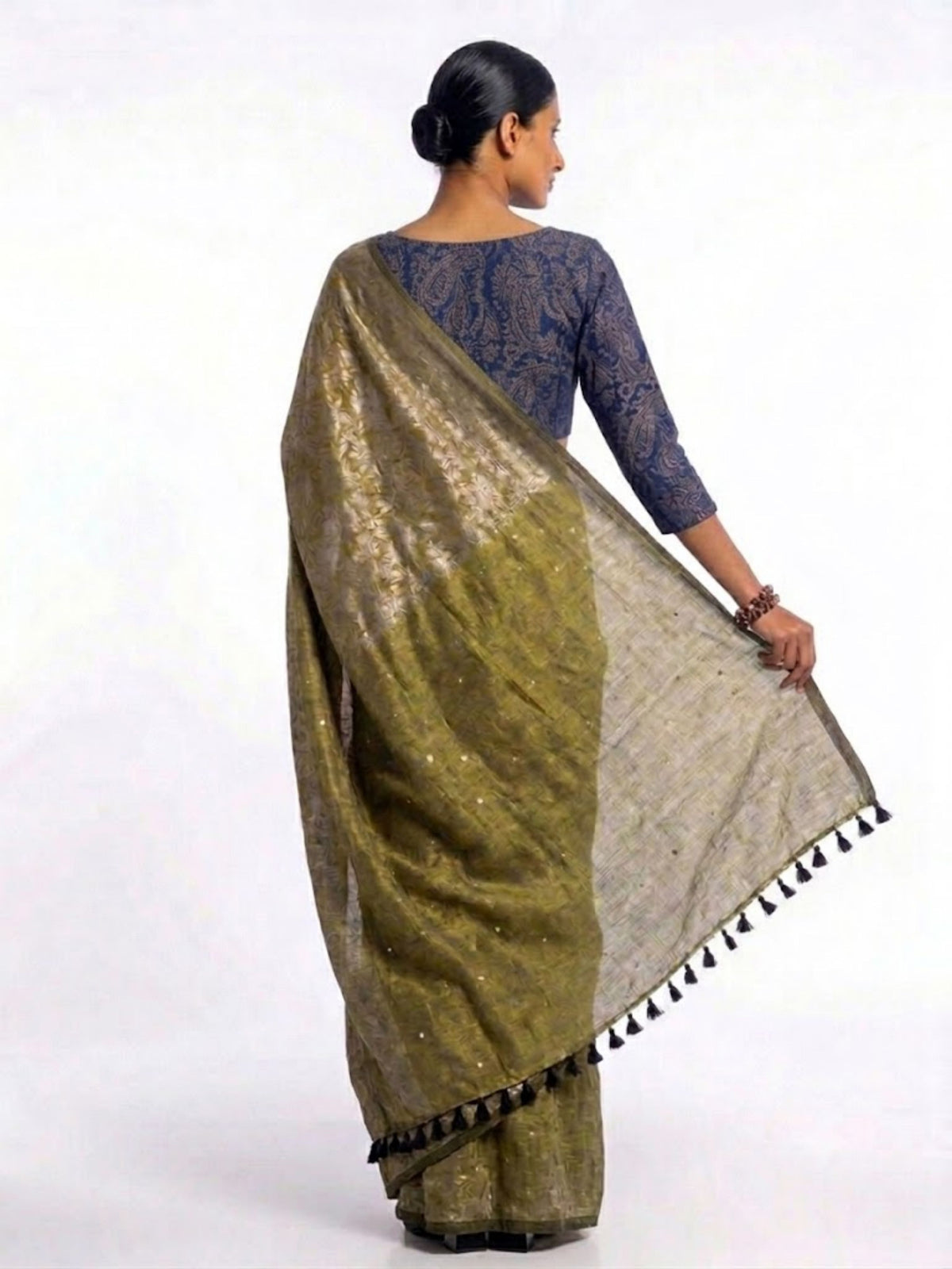 SoulWeaves olive green handloom linen cotton zari saree with gold dot