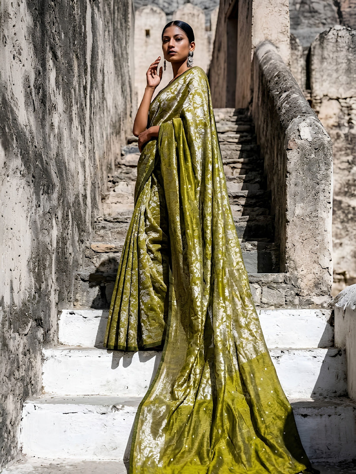 SoulWeaves olive green handloom linen cotton zari saree with gold dot