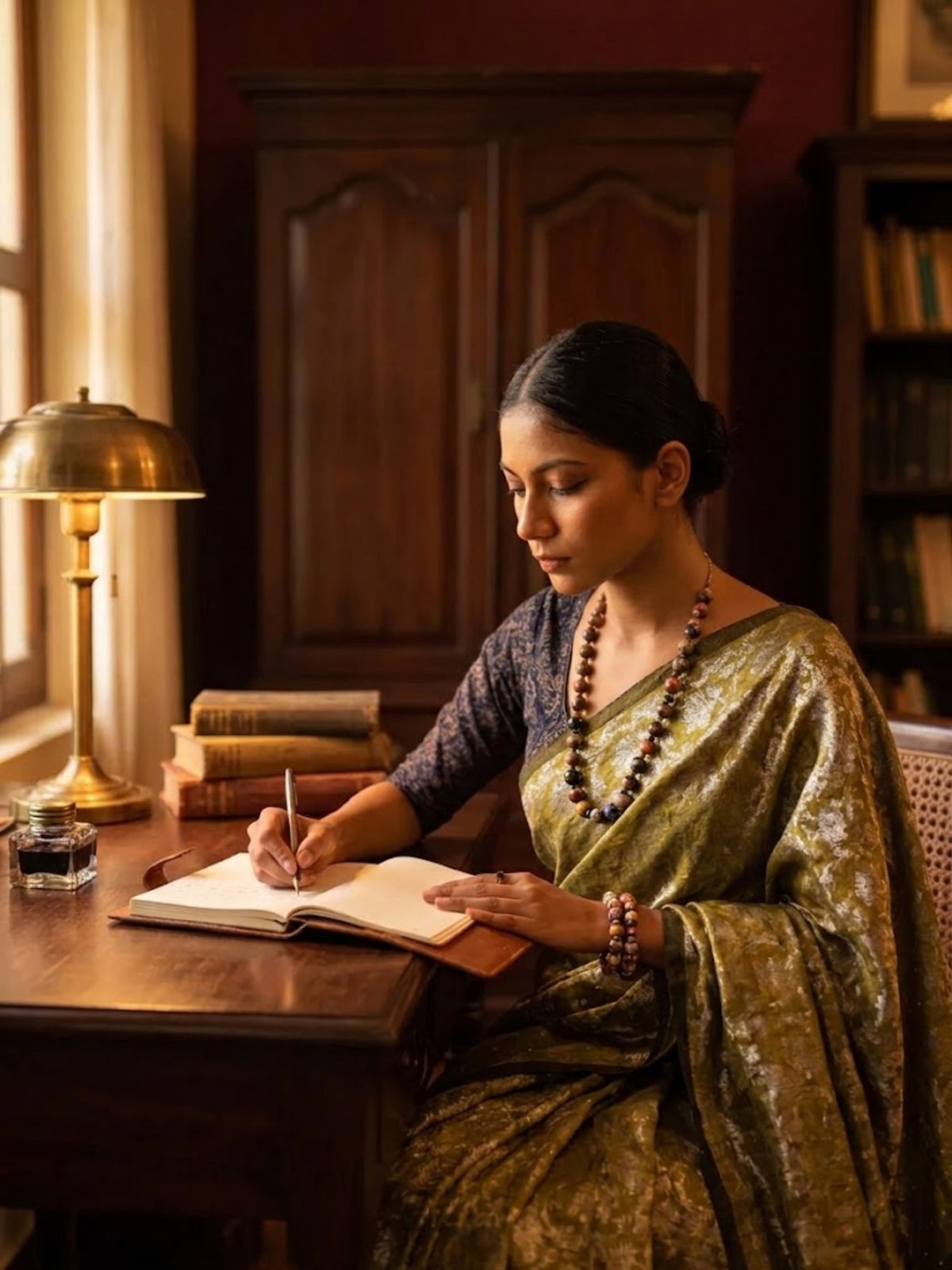 SoulWeaves olive green handloom linen cotton zari saree with gold dot