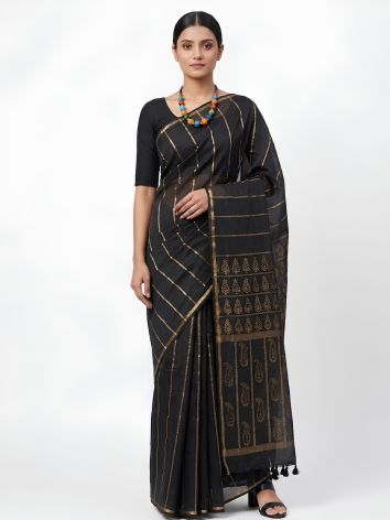 SoulWeaves black  handloom cotton saree with gold block printing