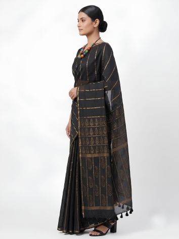 SoulWeaves black  handloom cotton saree with gold block printing