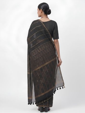 SoulWeaves black  handloom cotton saree with gold block printing
