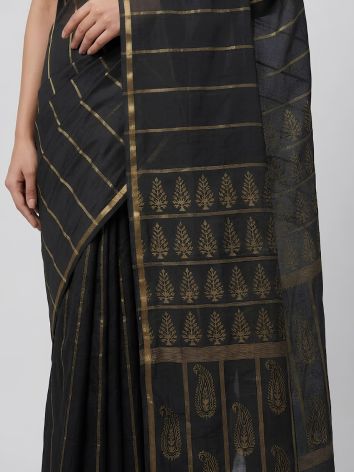 SoulWeaves black  handloom cotton saree with gold block printing
