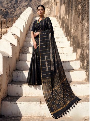 SoulWeaves black  handloom cotton saree with gold block printing