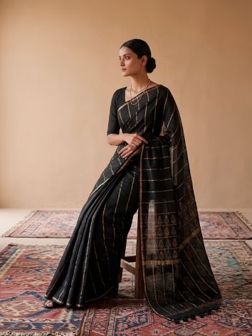 SoulWeaves black  handloom cotton saree with gold block printing