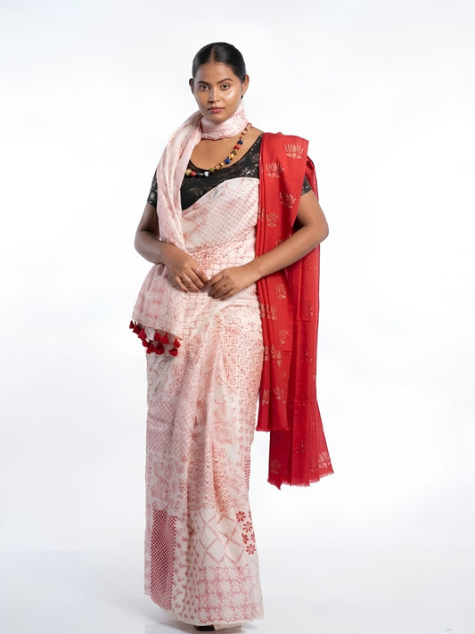 soulweaves white handloom silk saree with red block printing
