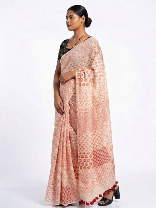 soulweaves white handloom silk saree with red block printing
