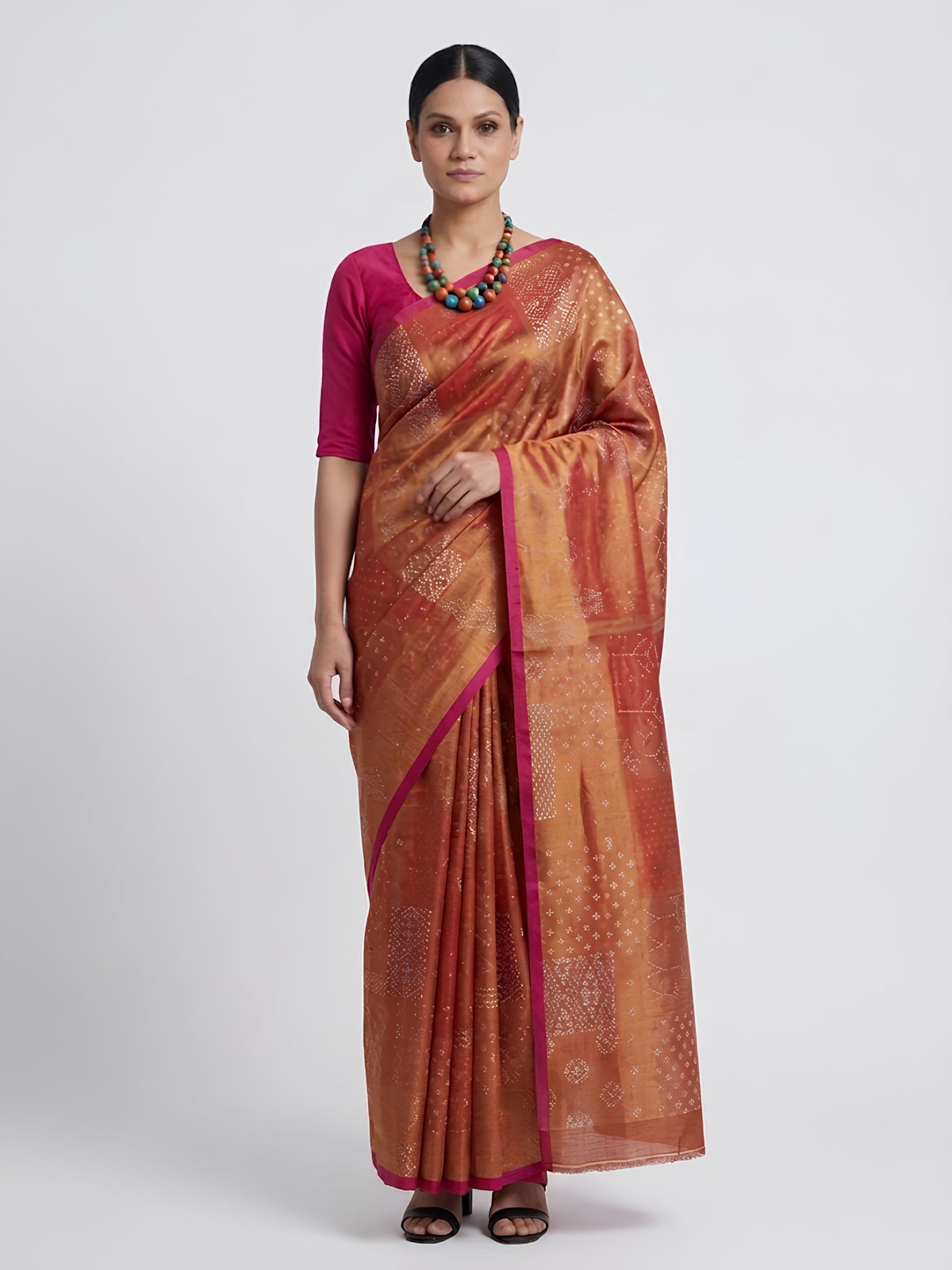 SoulWeaves rust orange handloom cotton zari saree with block printing