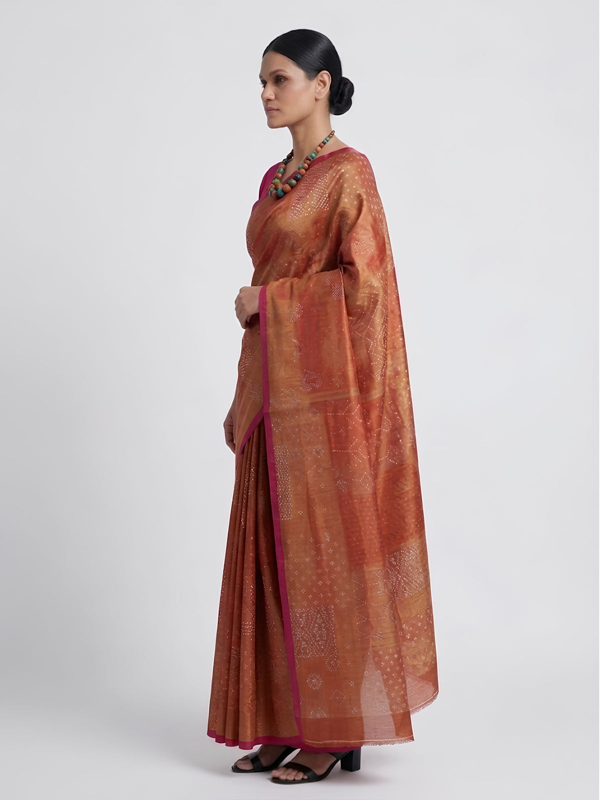 SoulWeaves rust orange handloom cotton zari saree with block printing