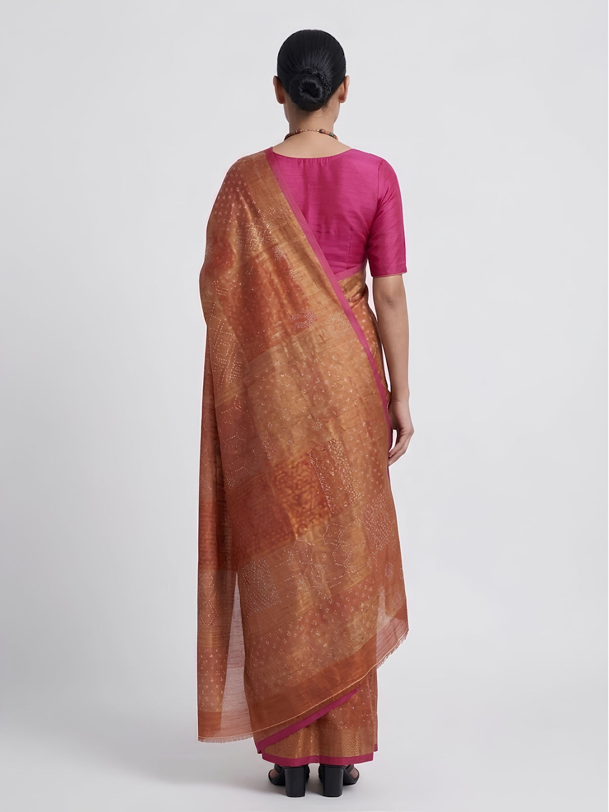 SoulWeaves rust orange handloom cotton zari saree with block printing