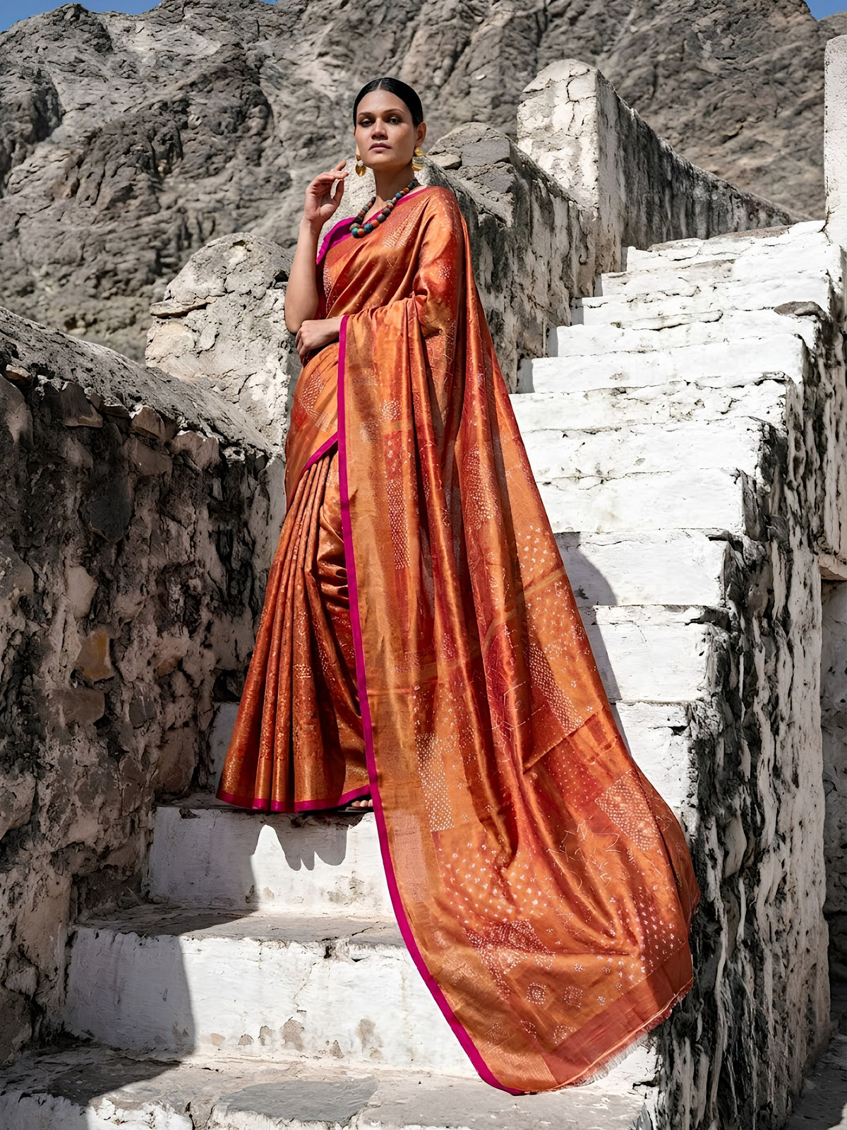 SoulWeaves rust orange handloom cotton zari saree with block printing