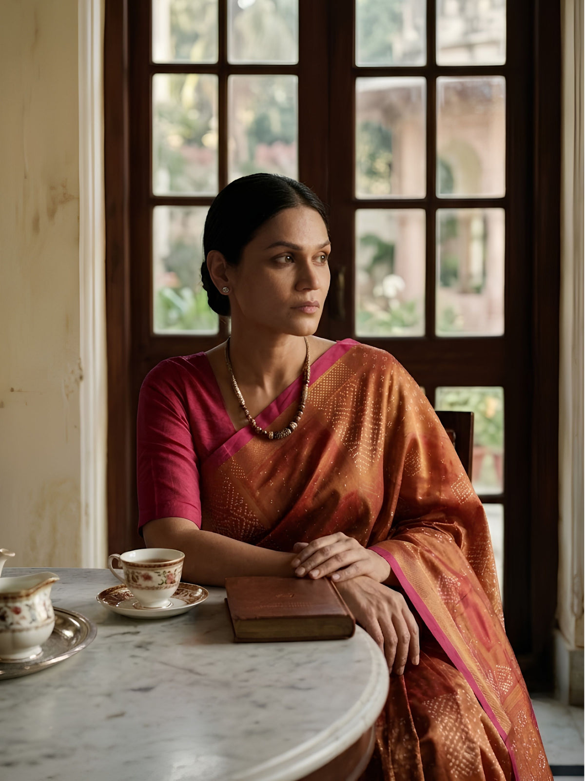 SoulWeaves rust orange handloom cotton zari saree with block printing