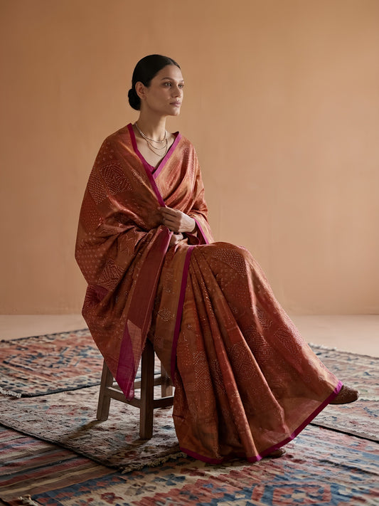 SoulWeaves rust orange handloom cotton zari saree with block printing