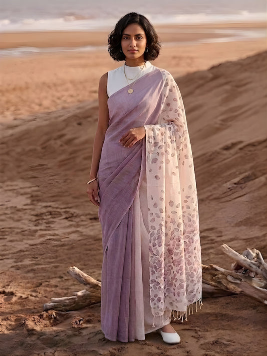 Dusty Rose Saree, a handwoven silk cotton saree featuring a mauve dual-tone body and delicate floral eco-prints on the palla by Soulweaves.