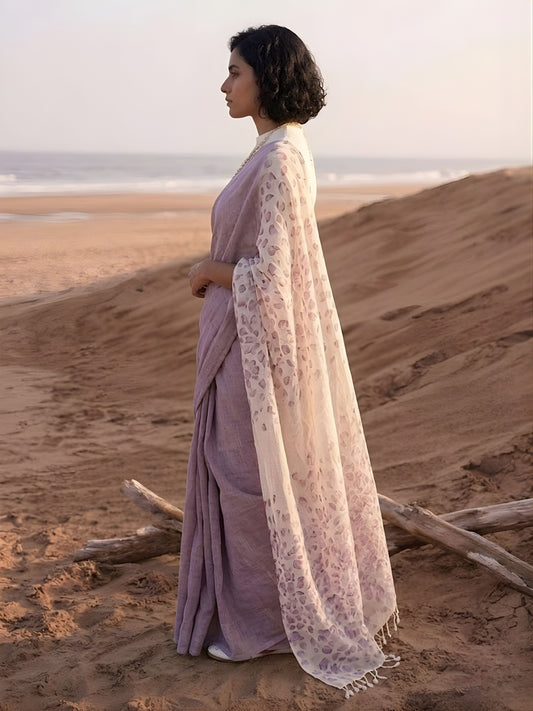Dusty Rose Saree, a handwoven silk cotton saree featuring a mauve dual-tone body and delicate floral eco-prints on the palla by Soulweaves.