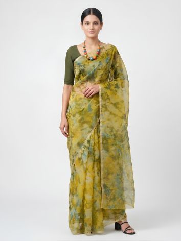 SoulWeaves- lime green- handloom -silk organza saree with tye dye print