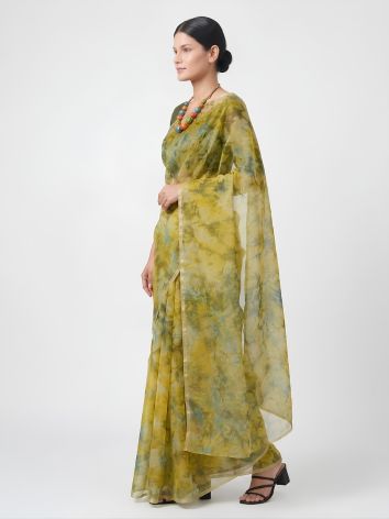 SoulWeaves lime green handloom silk organza saree with tye dye print