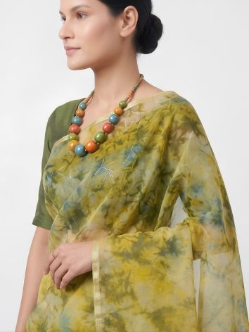 SoulWeaves lime green handloom silk organza saree with tye dye print