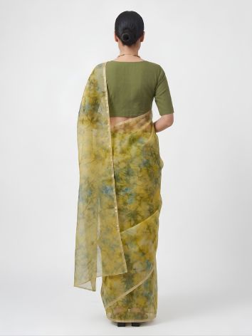 SoulWeaves lime green handloom silk organza saree with tye dye print
