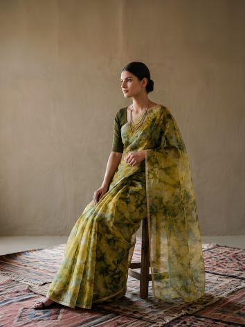 SoulWeaves lime green handloom silk organza saree with tye dye print