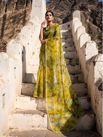 SoulWeaves lime green handloom silk organza saree with tye dye print