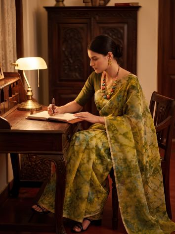 SoulWeaves lime green handloom silk organza saree with tye dye print