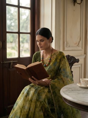 SoulWeaves lime green handloom silk organza saree with tye dye print