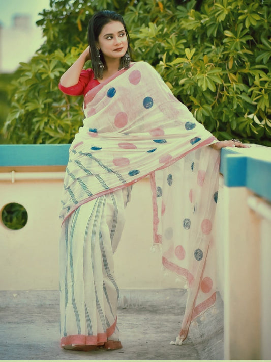 Geometry Pink Navy Dots Saree