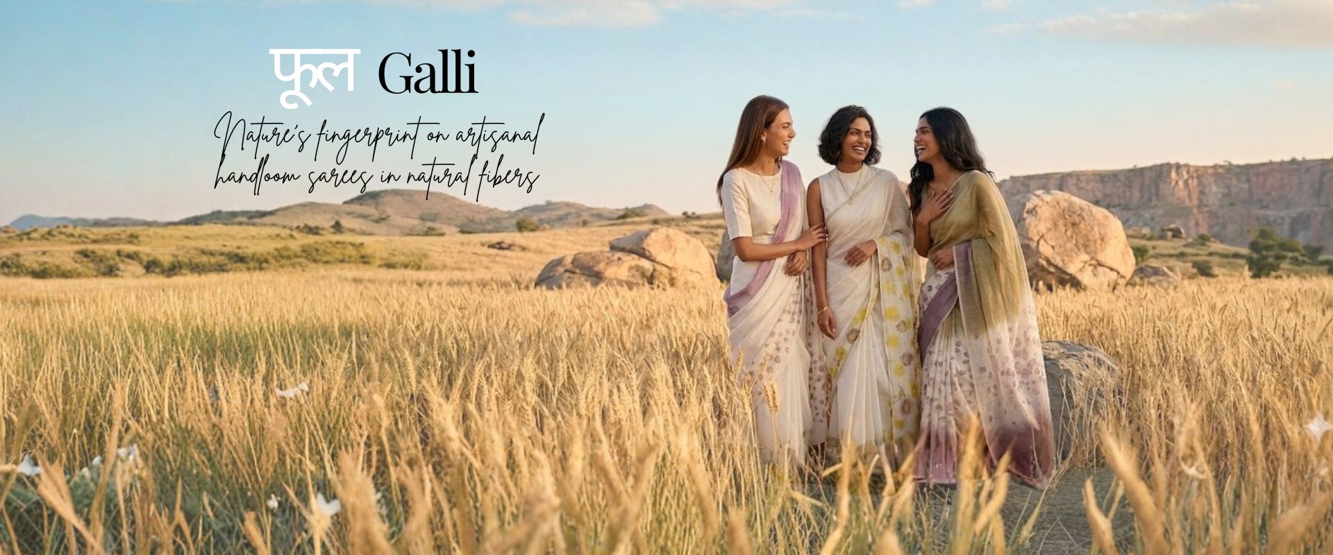 Phool Galli collection banner featuring  artisanal handloom saree in natural fibers with botanical eco-prints.