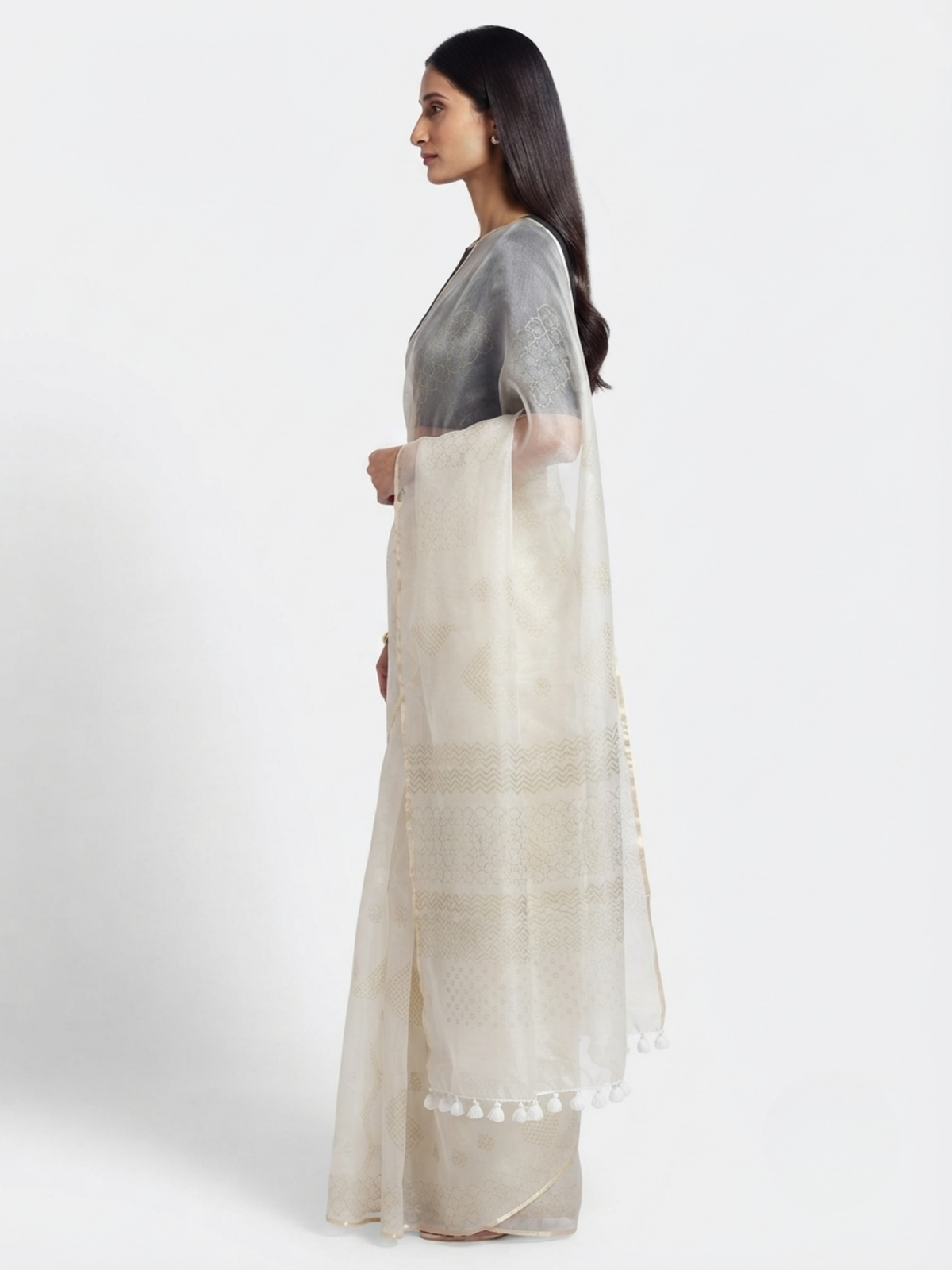 SoulWeaves Chandini ivory organza silk saree with delicate geometric motifs and subtle golden border.