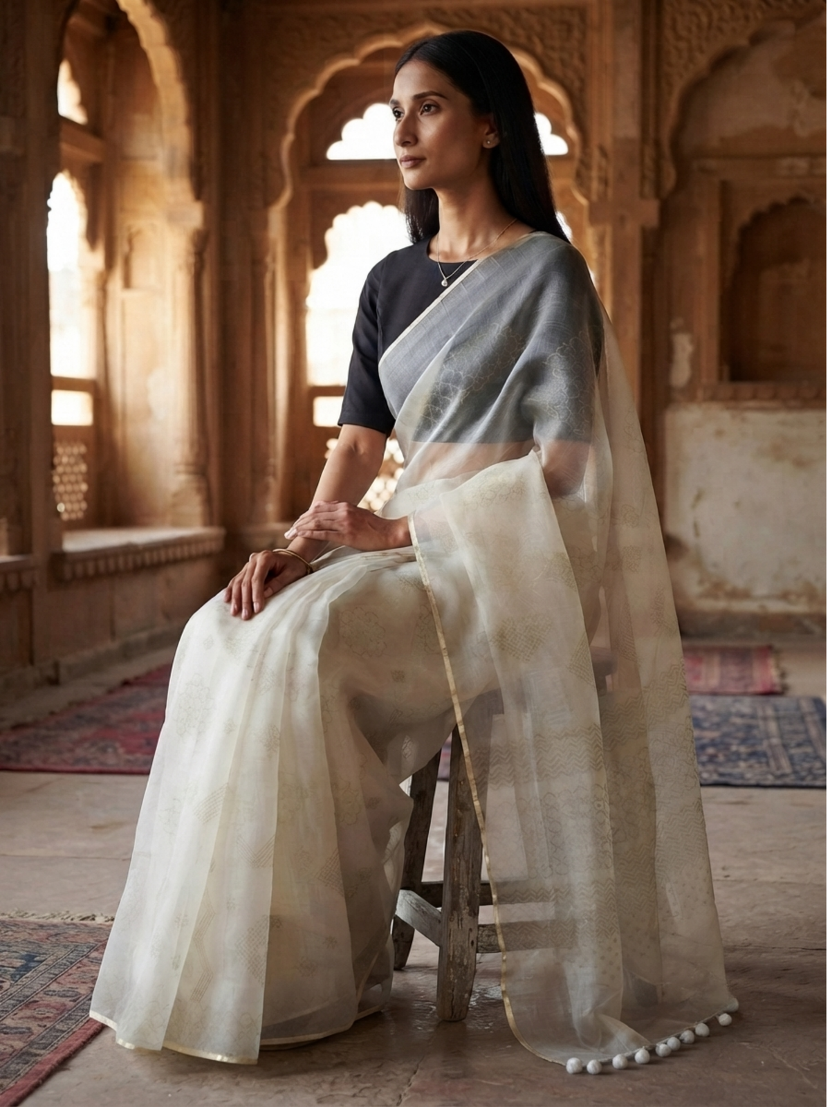 SoulWeaves Chandini ivory organza silk saree with delicate geometric motifs and subtle golden border.