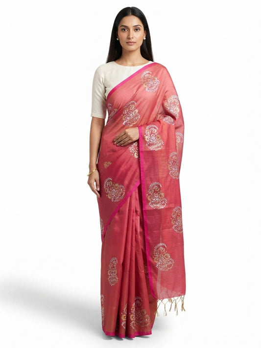 SoulWeaves Gulnaar rose pink silk saree with intricate paisley motifs and magenta border.
