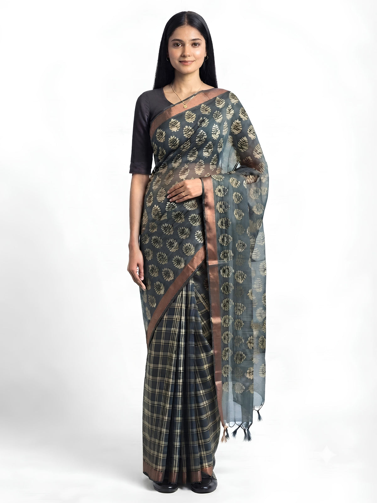 SoulWeaves Kairavi charcoal grey silk organza saree with block-printed leaf motifs and copper border