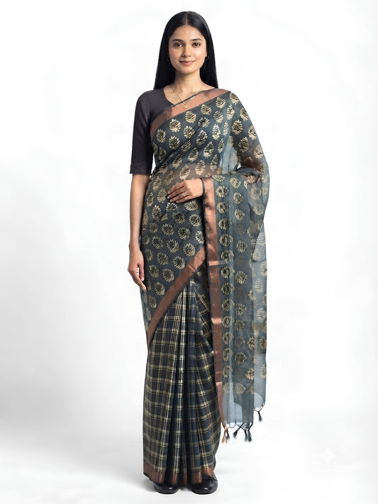 SoulWeaves Kairavi charcoal grey silk organza saree with block-printed leaf motifs and copper border