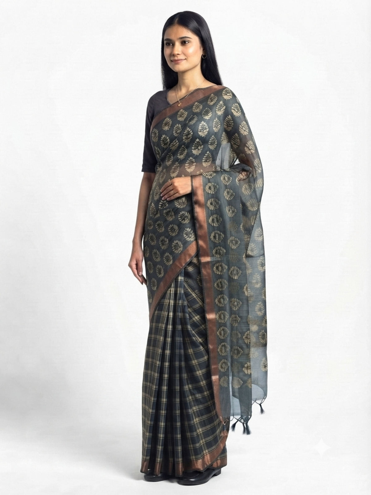 SoulWeaves Kairavi charcoal grey silk organza saree with block-printed leaf motifs and copper border