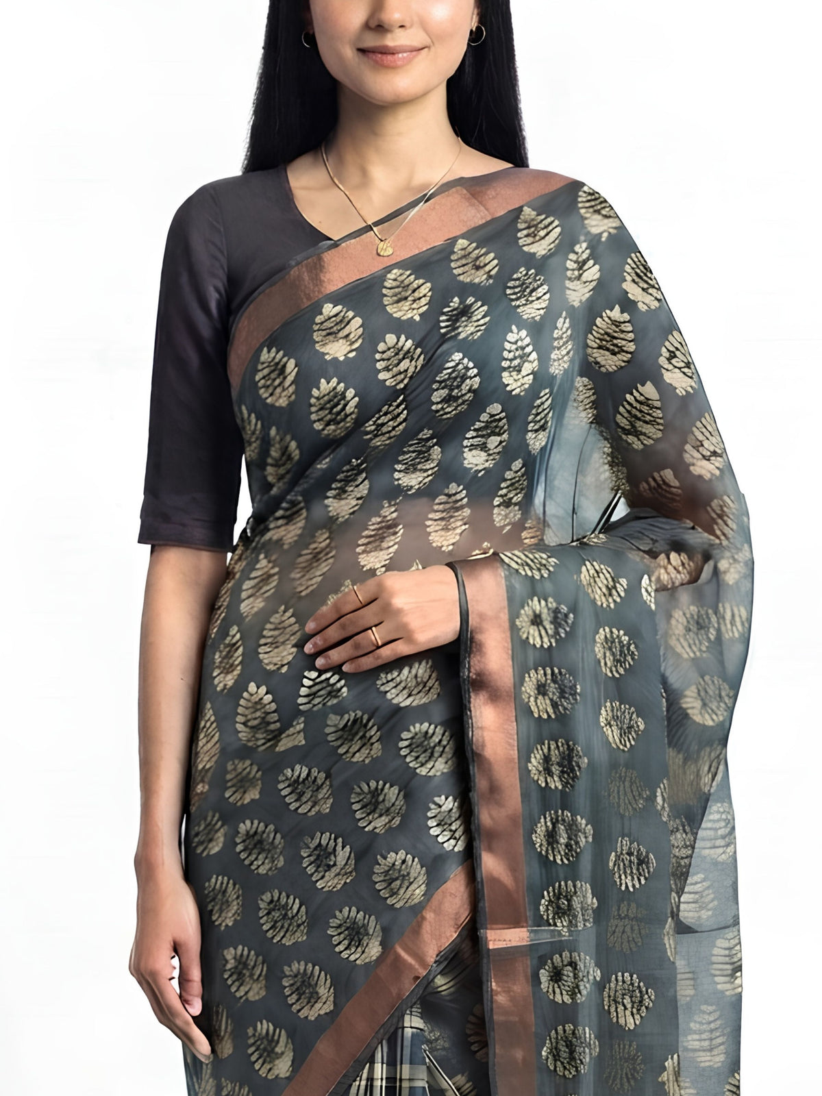 SoulWeaves Kairavi charcoal grey silk organza saree with block-printed leaf motifs and copper border