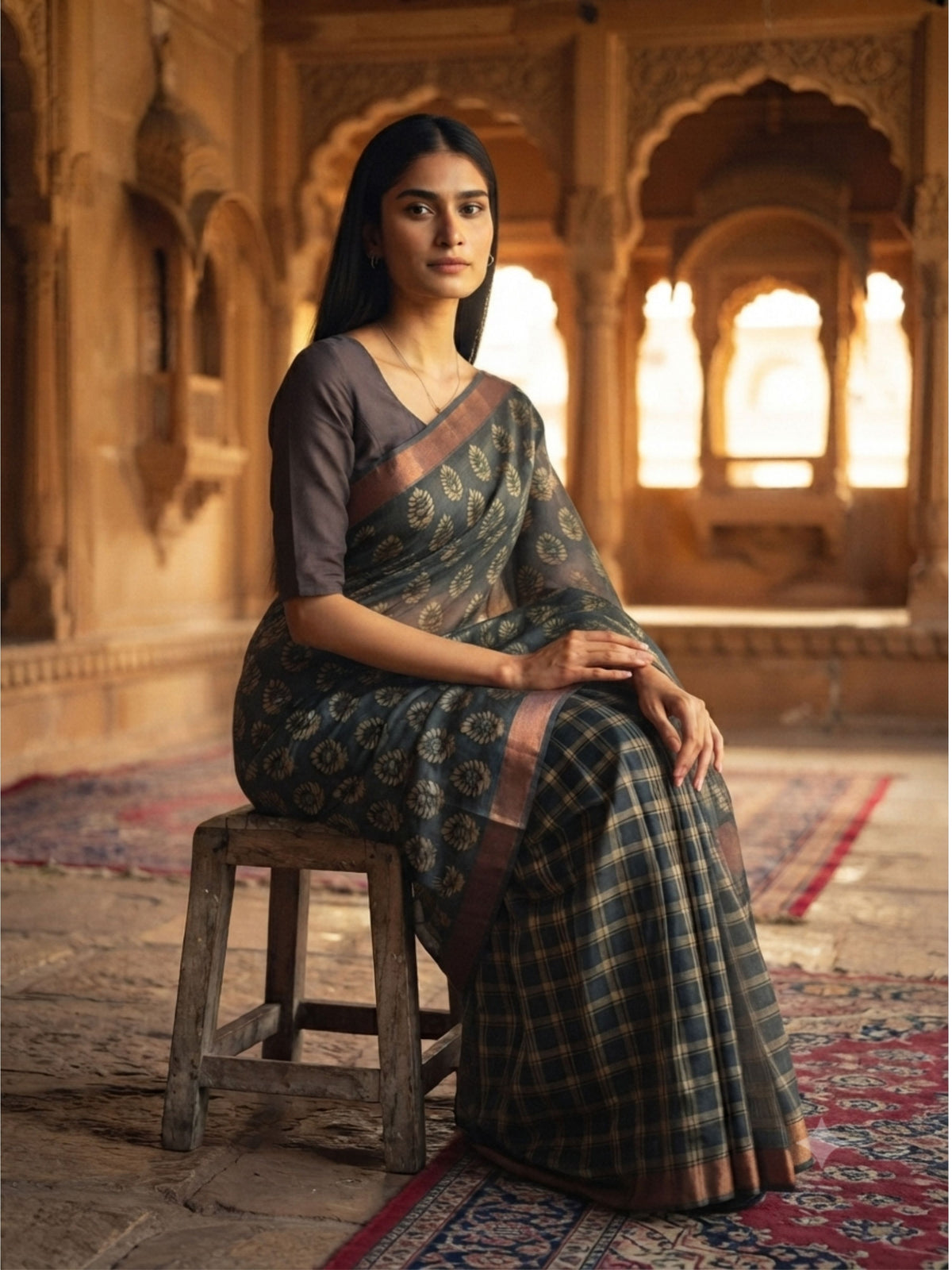 SoulWeaves Kairavi charcoal grey silk organza saree with block-printed leaf motifs and copper border