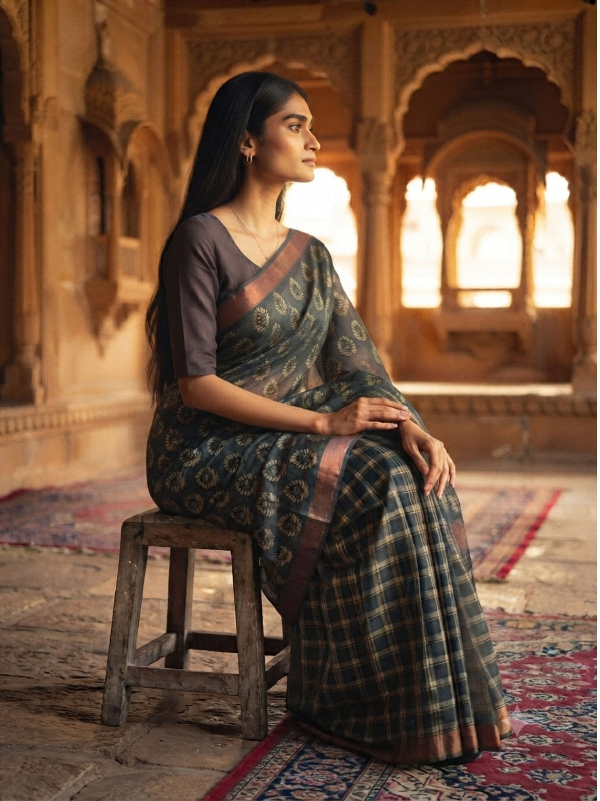SoulWeaves Kairavi charcoal grey silk organza saree with block-printed leaf motifs and copper border