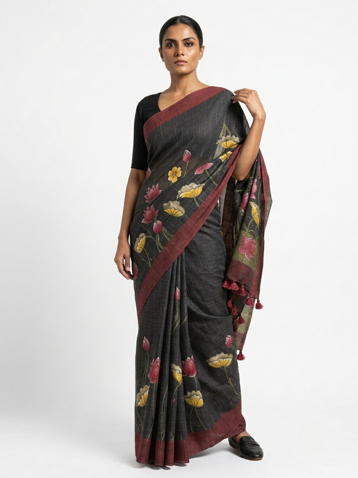 SoulWeaves Kamalrekha black silk saree with lotus print and deep maroon border