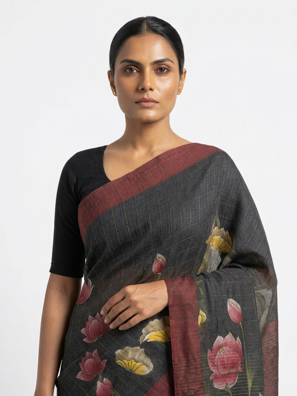 SoulWeaves Kamalrekha black silk saree with lotus print and deep maroon border