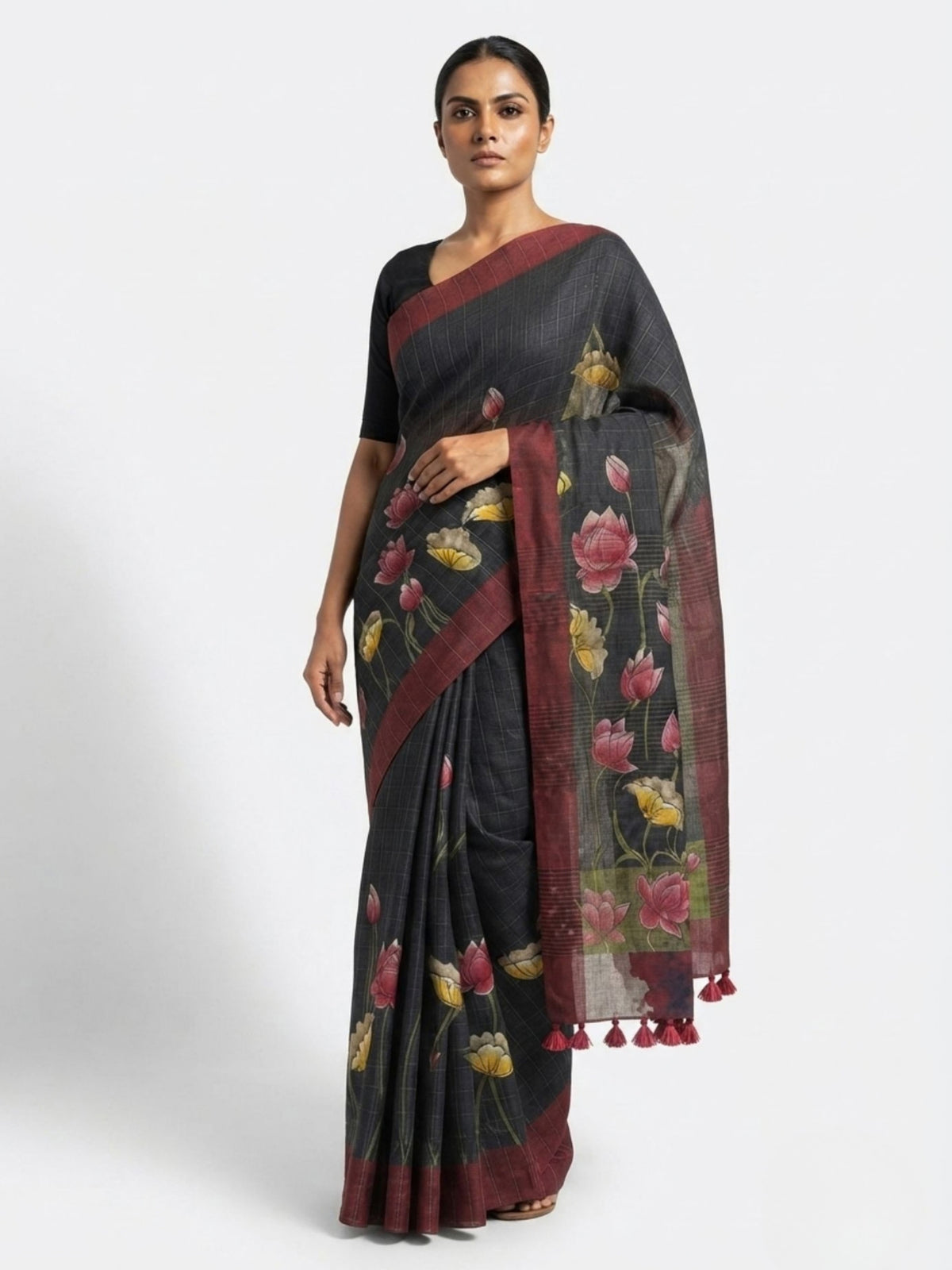 SoulWeaves Kamalrekha black silk saree with lotus print and deep maroon border