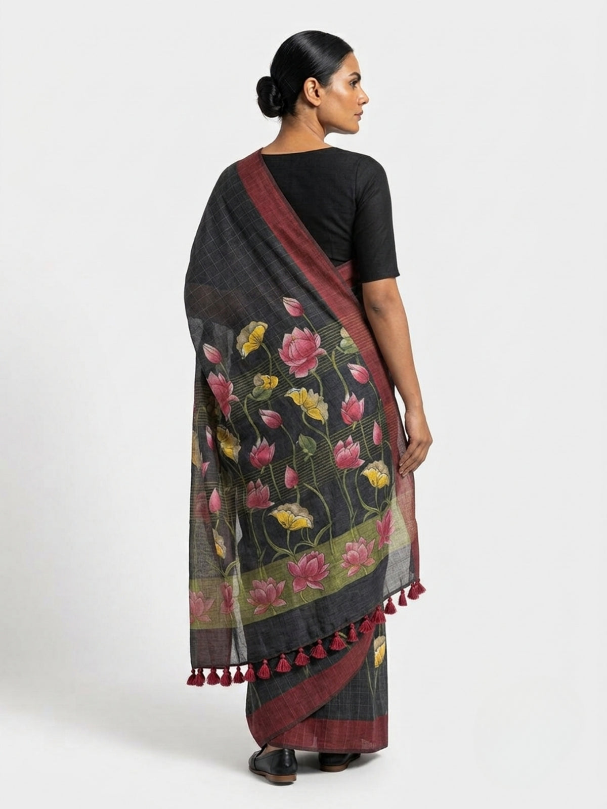SoulWeaves Kamalrekha black silk saree with lotus print and deep maroon border