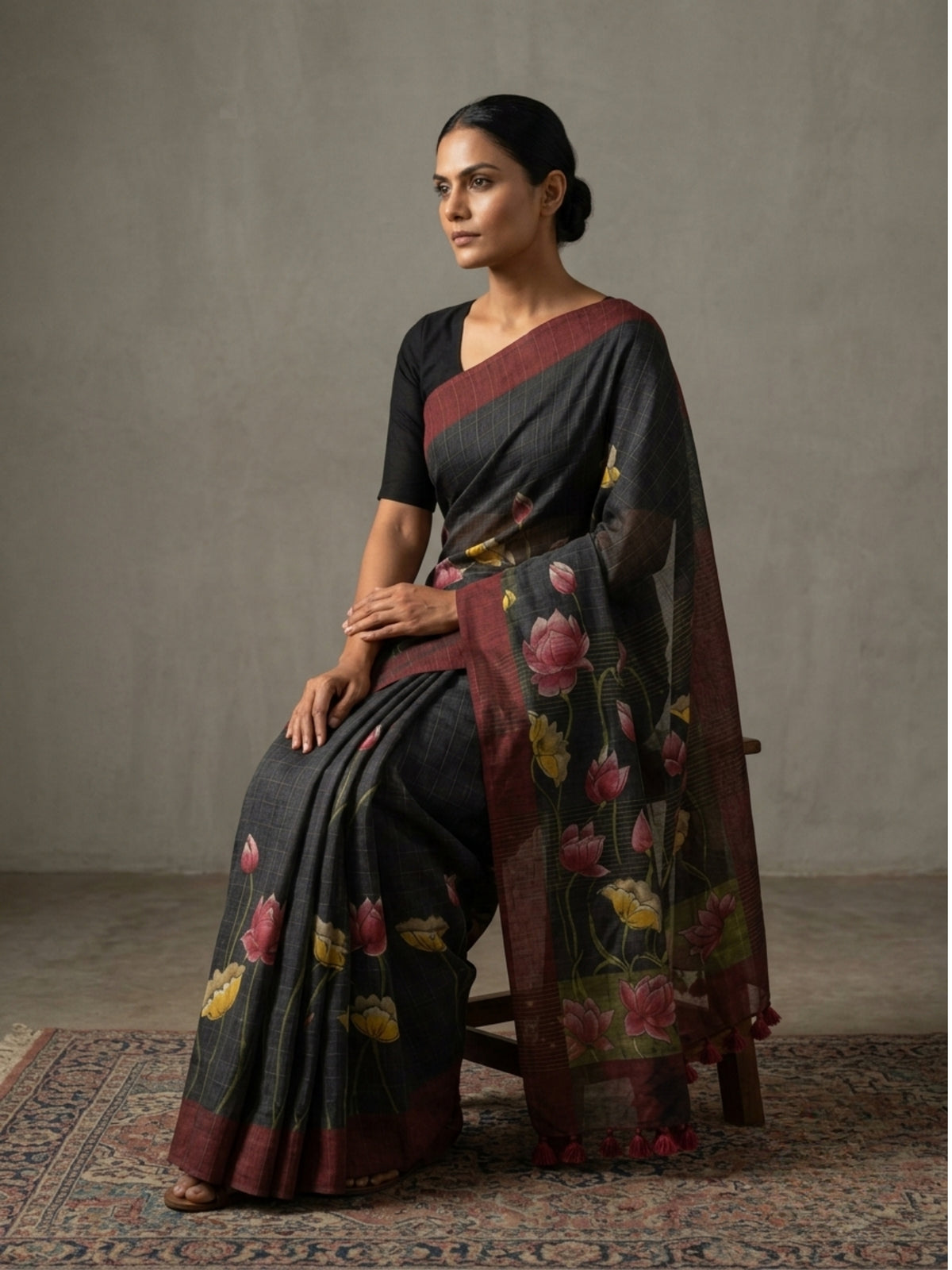 SoulWeaves Kamalrekha black silk saree with lotus print and deep maroon border