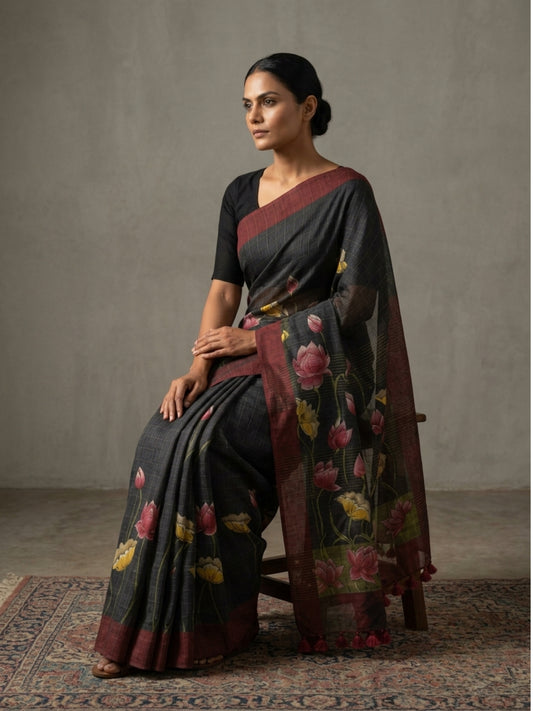 SoulWeaves Kamalrekha black silk saree with lotus print and deep maroon border