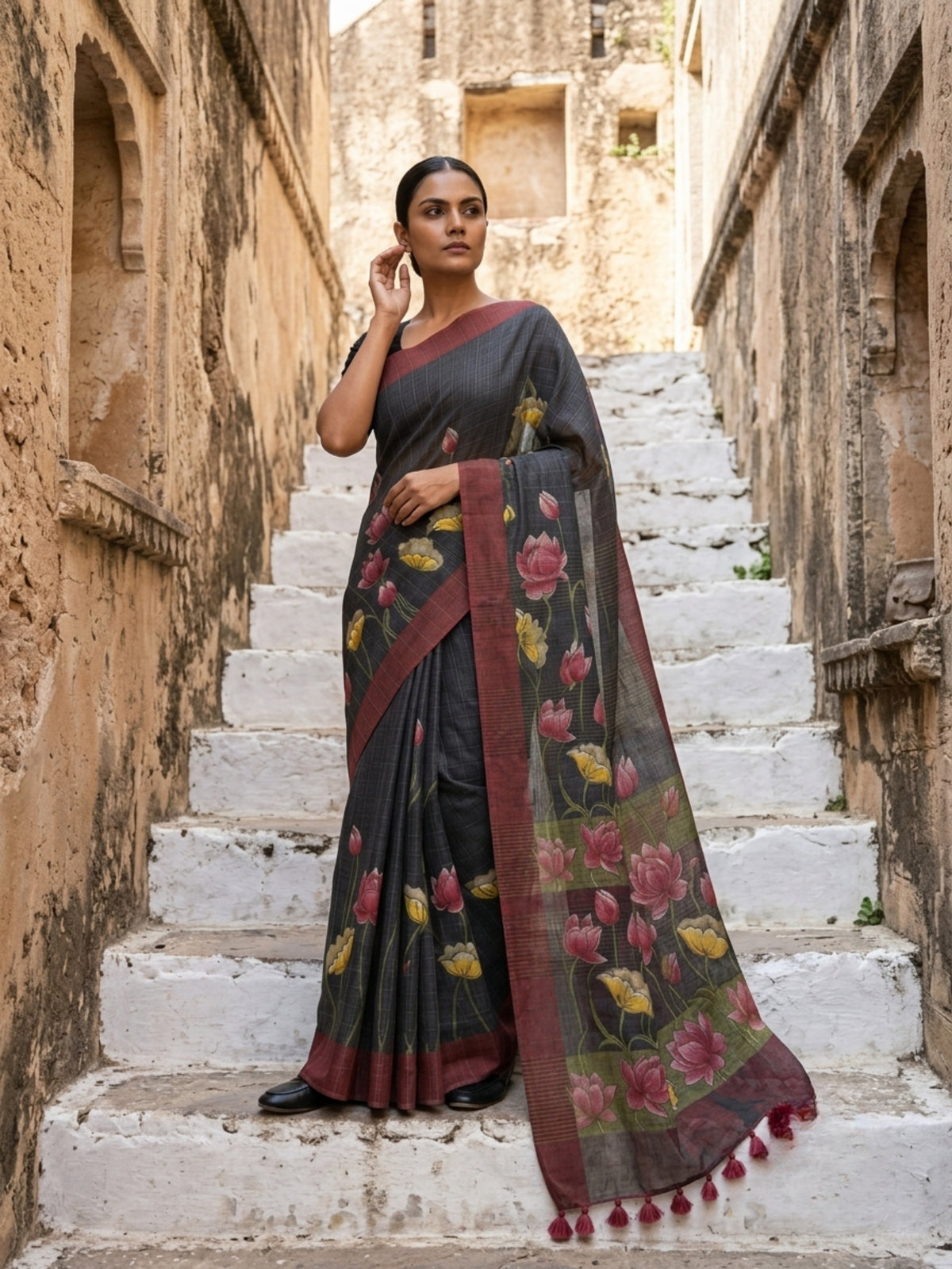 SoulWeaves Kamalrekha black silk saree with lotus print and deep maroon border