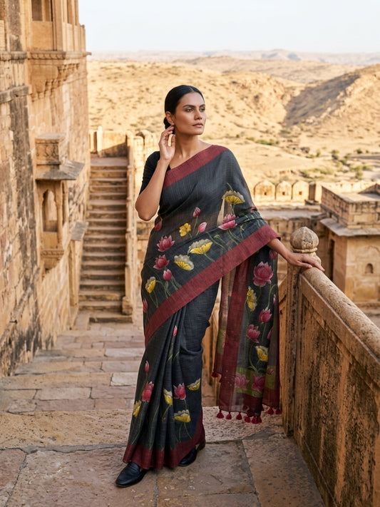 SoulWeaves Kamalrekha black silk saree with lotus print and deep maroon border