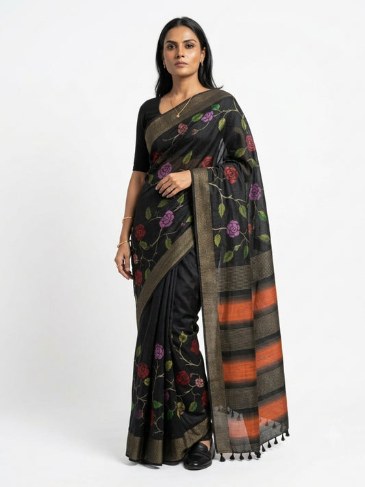 SoulWeaves Mallika black silk kalamkari saree with rose motifs
