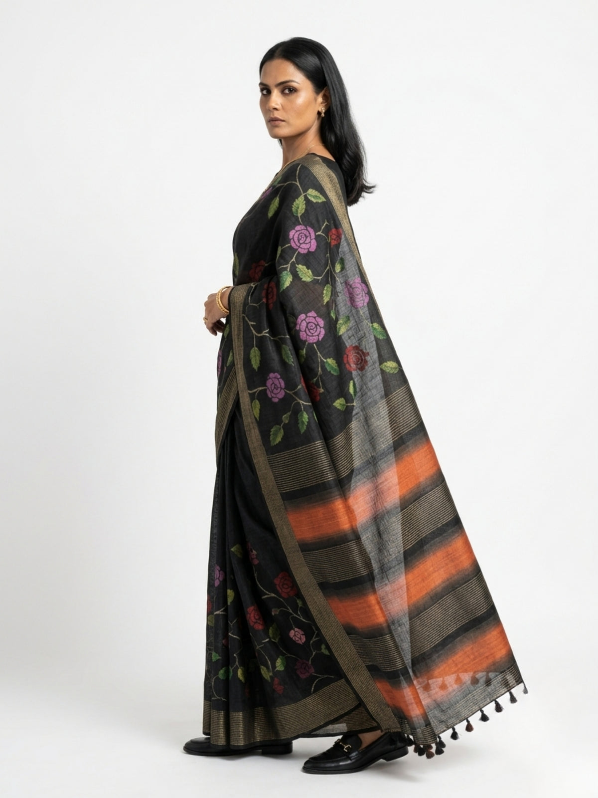 SoulWeaves Mallika black silk kalamkari saree with rose motifs
