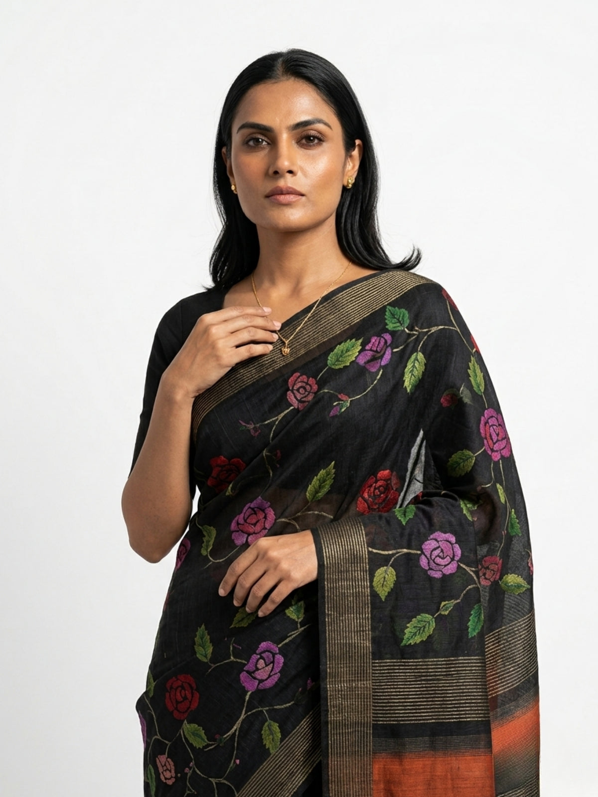 SoulWeaves Mallika black silk kalamkari saree with rose motifs
