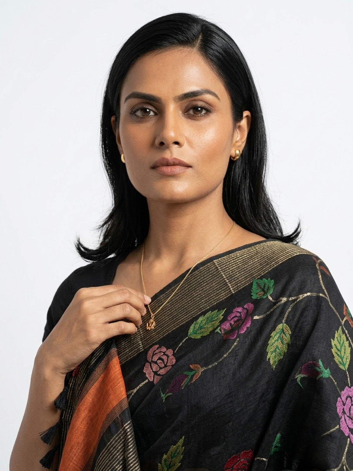 SoulWeaves Mallika black silk kalamkari saree with rose motifs
